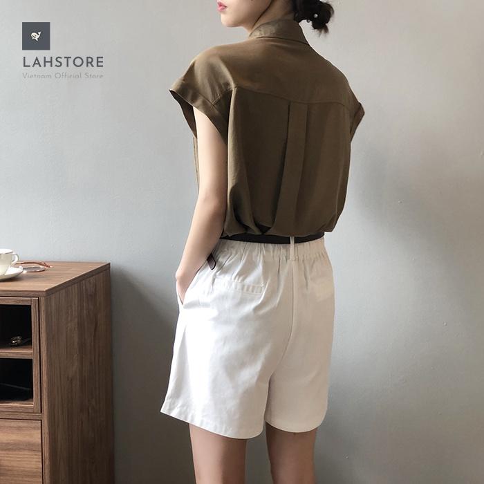 Áo sơ mi thô Linen nữ form rộng cổ bẻ 2 túi ngực trẻ trung LAHSTORE, phong cách Hàn Quốc