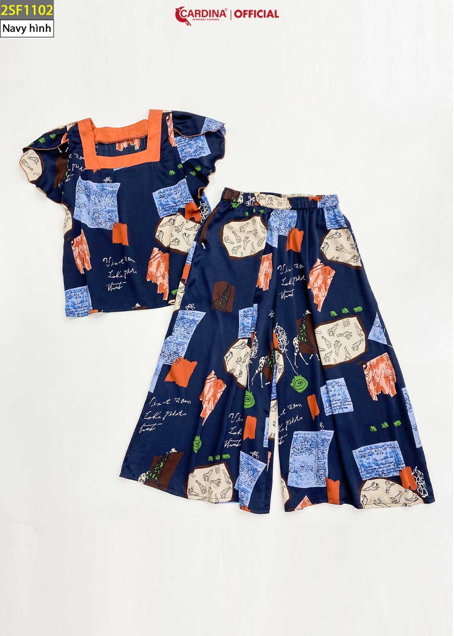 Đồ Bộ Nữ CARDINA Chất Lụa Satin Nhật Cao Cấp Áo Cổ Vuông Tay Bèo Quần Culottes Thời Trang 2SF11