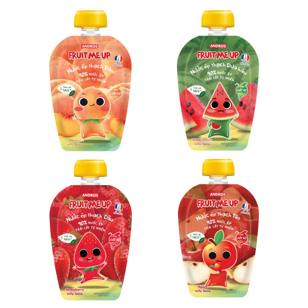 Combo 4 Túi Thạch Trái Cây 4 vị (Táo, Dâu, Đào, Dưa Hấu) - 90% Nước Ép Trái Cây Thật - ANDROS FRUIT ME UP- 90gx4