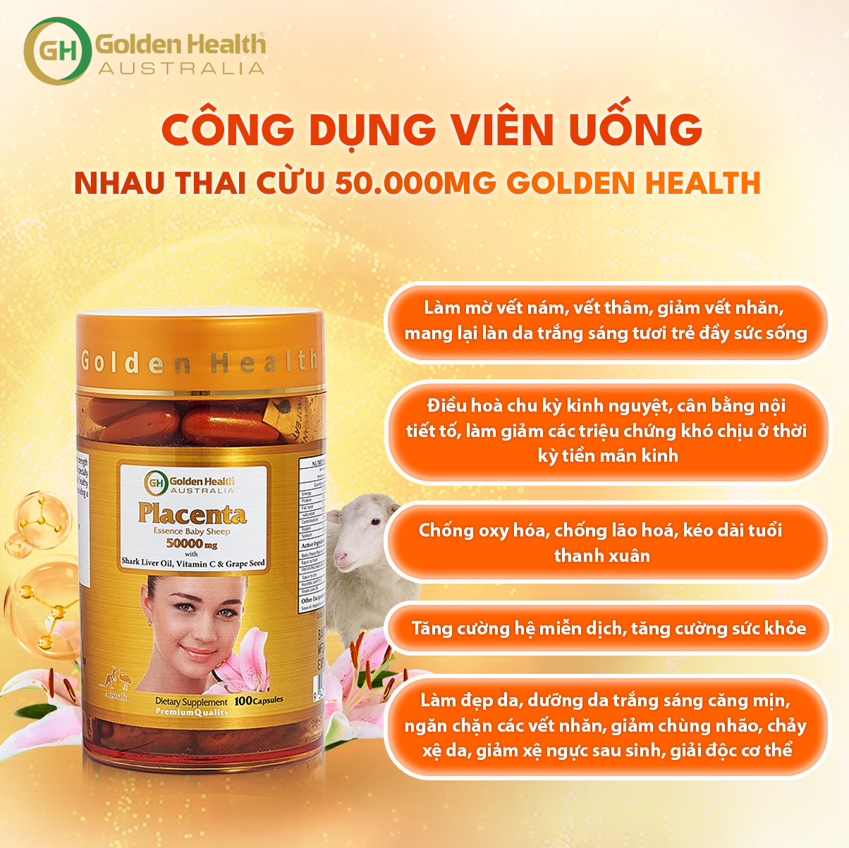 Viên Uống Nhau Thai Cừu Golden Health Placenta 50.000mg Giúp Làm Mờ Thâm, Nám,Tàn Nhang,Giúp Chống oxy Hoá Và Chống Lão Hoá Da