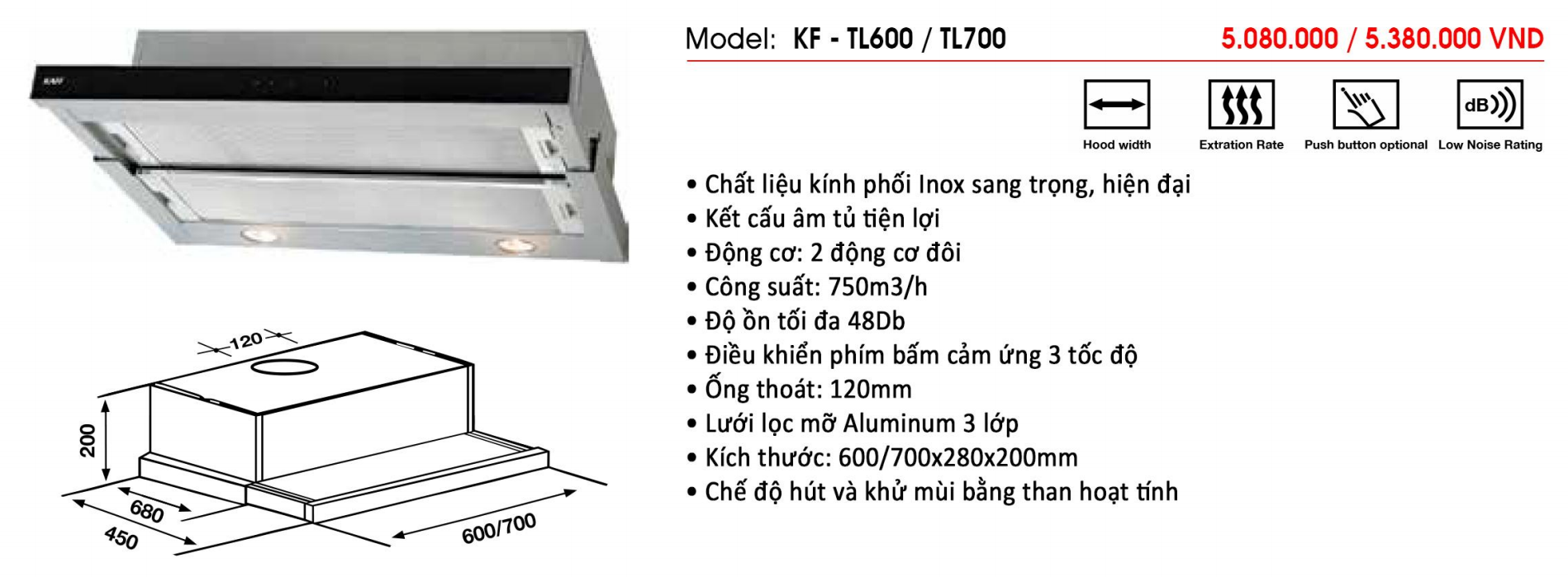 Máy hút khói, khử mùi âm tủ KAFF KF-TL700 - Hàng chính hãng