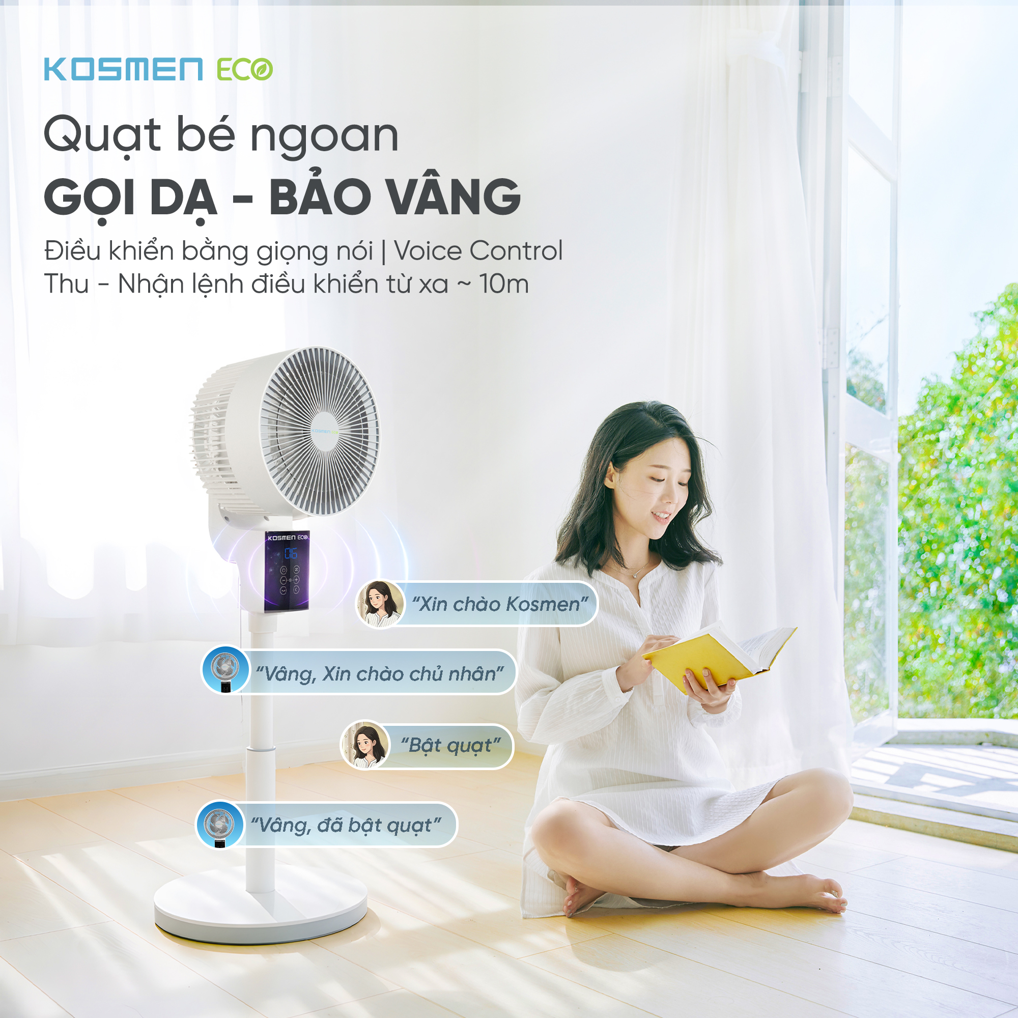 Quạt đối lưu không khí điều khiển bằng giọng nói Kosmen Eco ECO-F40AI-W, quạt thông minh, quạt điện (quạt đứng)