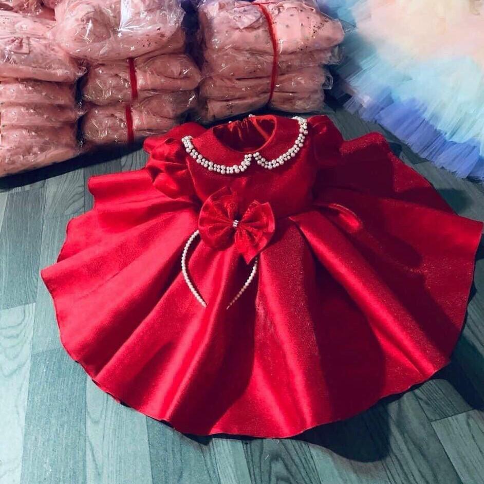 Đầm váy công chúa bé gái cổ đính hạt kèm nơ cài đầu cho bé từ 8kg đến 22kg