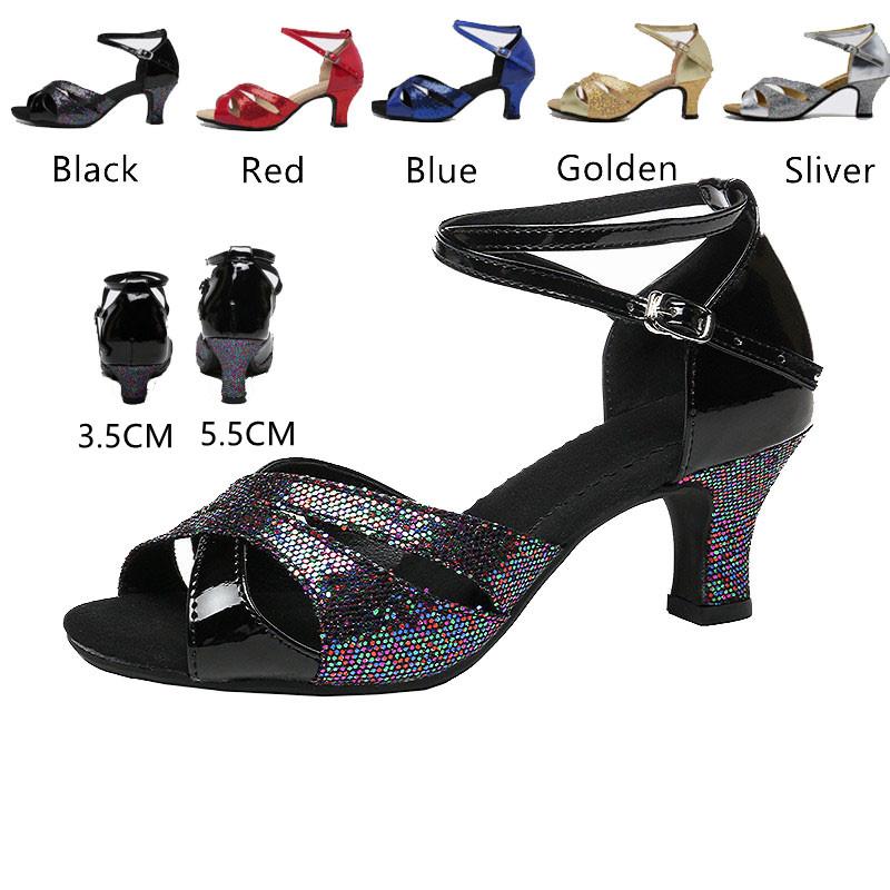 Giày khiêu vũ Latin long lanh của phụ nữ cao su Da lộn đế Ballroom Tango Dancing Shoe Salsa Party Dance giày thấp gót thấp 3,5cm/5,5cm Color: 55mm Blue Outdoor Shoe Size: US3-FR33