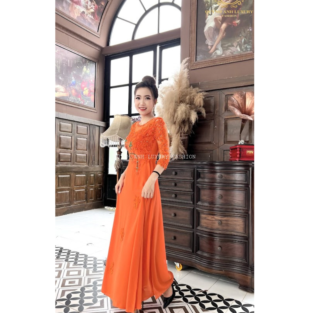 Áo dài dạ hội cho mẹ làm sui gia màu cam cà rốt thêu hoa kết đá cao cấp sang trọng che khuyết điểm