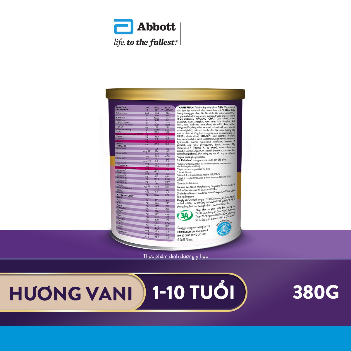 Sữa bột Abbott Pediasure hương vani ít ngọt cho trẻ từ 1 - 10 tuổi (380g)