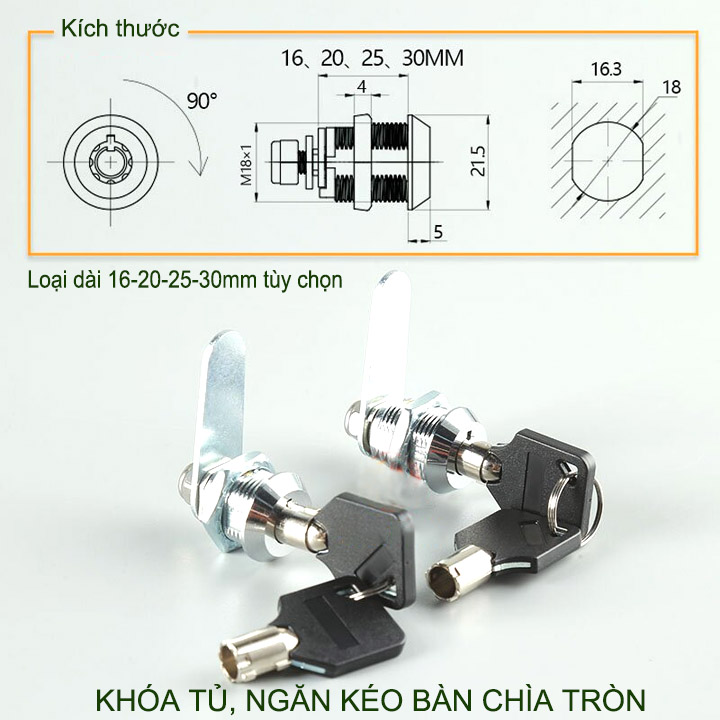 Khóa cửa tủ, ngăn kéo bàn với chìa khóa tròn an toàn, loại dài 16-20-25-30mm tùy chọn