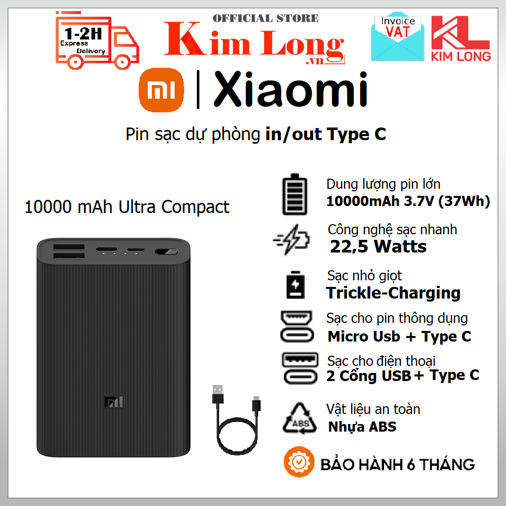 Pin sạc dự phòng Xiaomi 10000mAh Type C (In/out) Gen 3 Ultra Compact Polymer Power Bank 3 - Hàng chính hãng