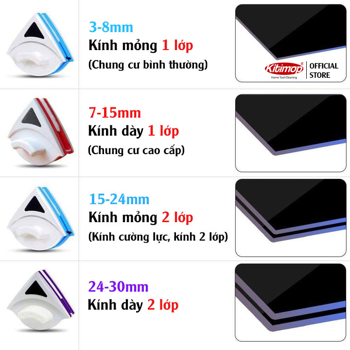 Dụng cụ lau kính 2 mặt Kitimop miếng nam châm hút mạnh, lau 1 lần sạch 2 mặt kính, dây an toàn dài 2m, tặng 1 bộ sơ cua