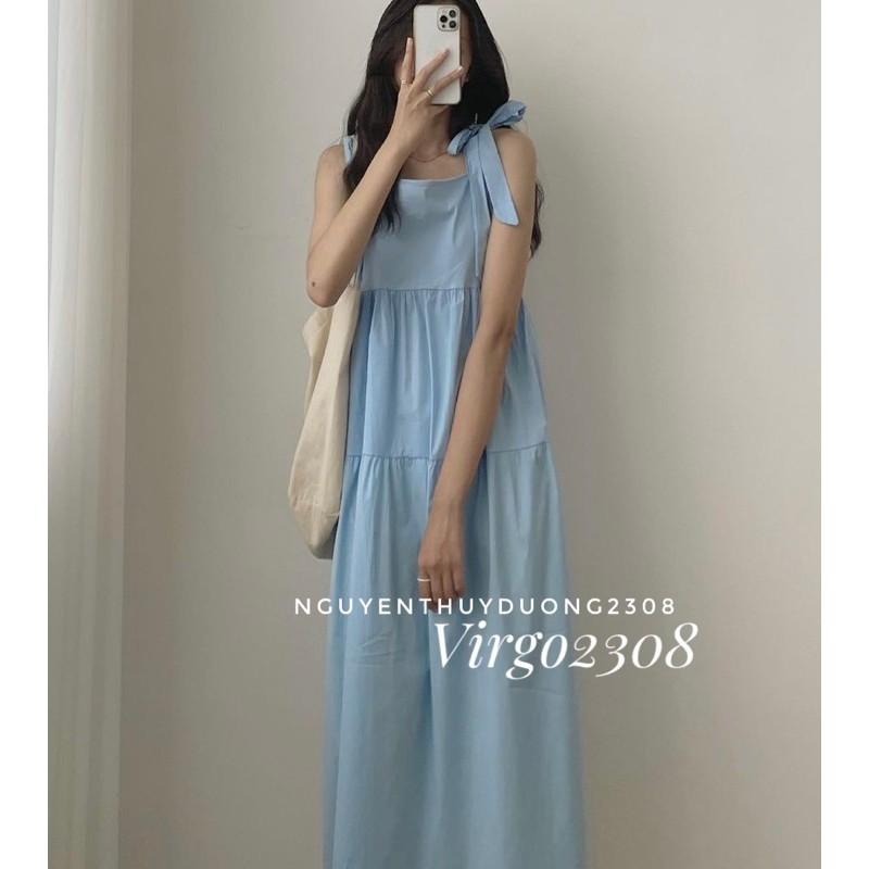 Váy thô đũi dáng babydoll 2 dây nơ vai/Đầm thô đũi babydoll