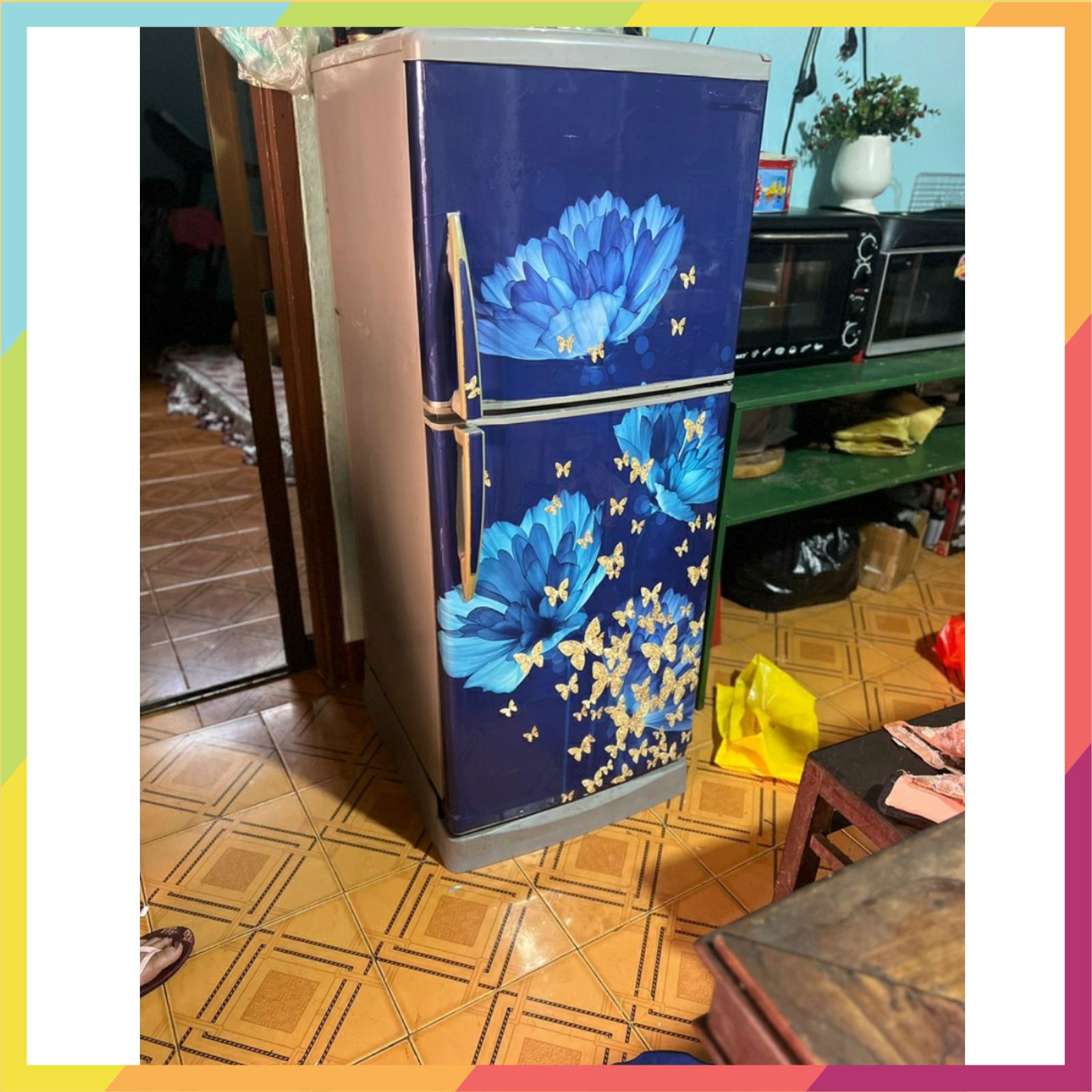Decal dán tủ lạnh máy giặt chống nước in hình hoa ngài xanh, gồm 4 kích thước lựa chọn