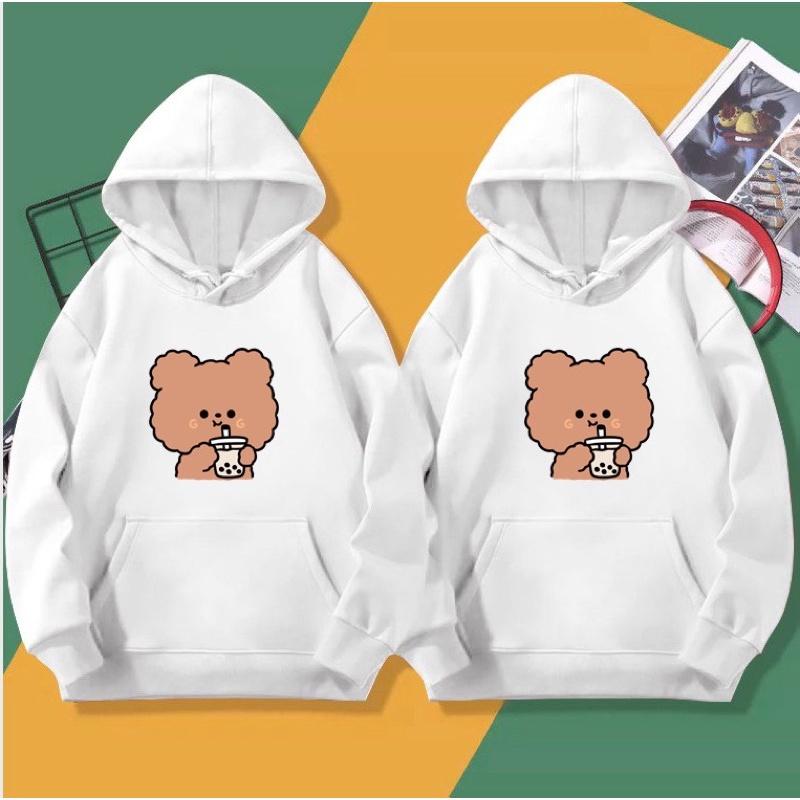 Áo hoodie nam nữ in gấu nâu uống trà sữa