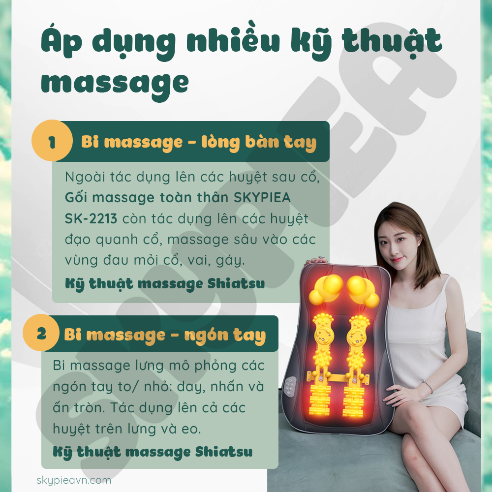 Gối massage hồng ngoại - SKYPIEA - model 2022 SK-2213 - đầu mát-xa cải tiển, con lăn 4D - đệm massage toàn thân