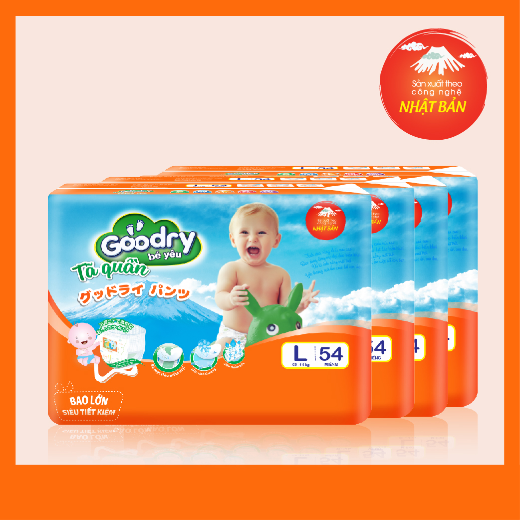 Combo 4 Tã Quần Goodry L54 [54 miếng] công nghệ Nhật Bản dành cho bé từ 9- 14kg,