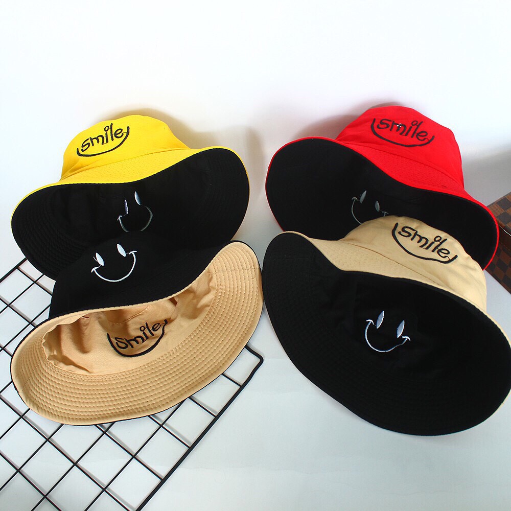 Mũ Nón Bucket Tai Bèo 2 Mặt Thêu Chữ Smile Dễ Thương, Vải Cotton, Nón Unisex Cho Cả Nam Và Nữ-Nhiều Màu