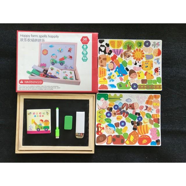 Bộ tranh ghép hình bằng gỗ nam châm 2 mặt bảng đen viết phấn vẽ tranh hấp dẫn cho các bé