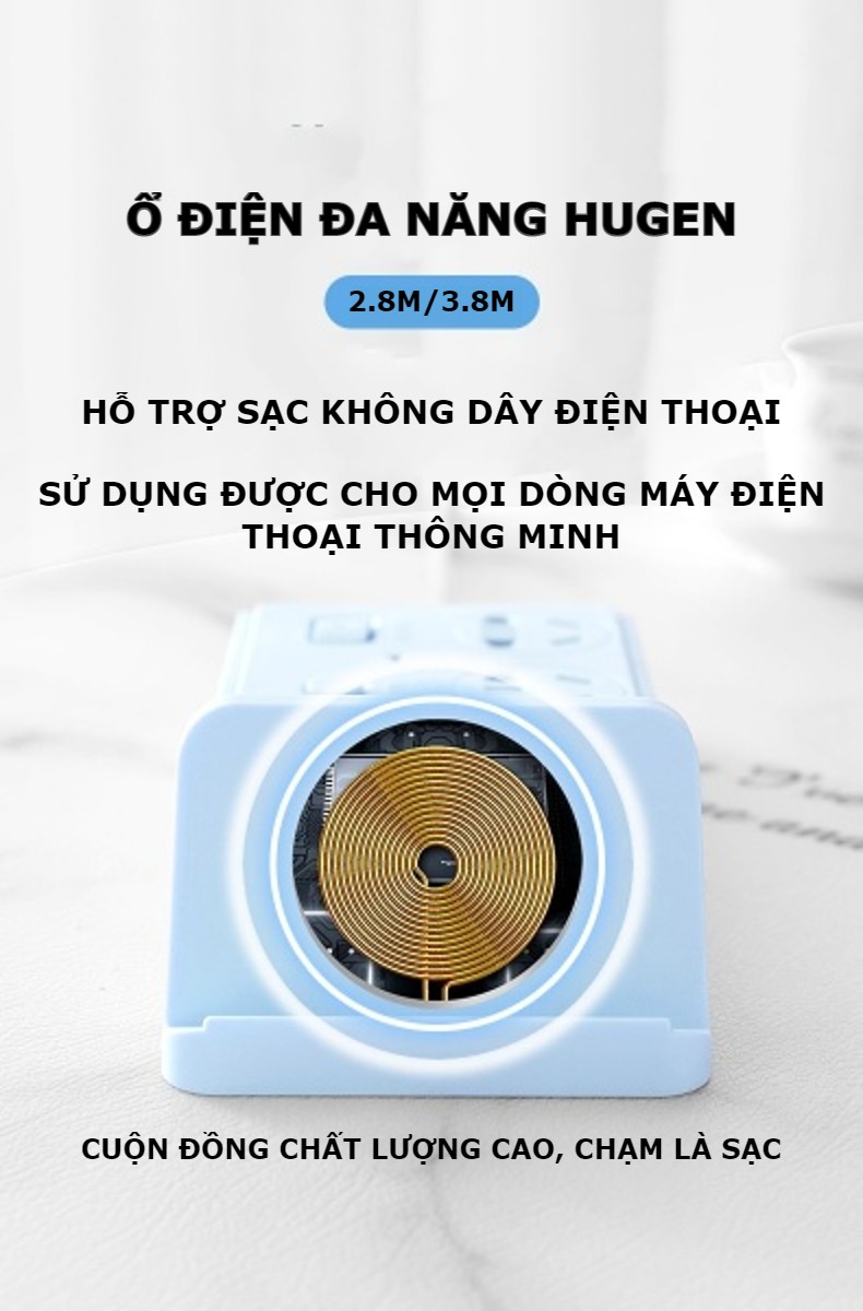 Ổ cắm điện đa năng hỗ trợ sạc không dây 3 cổng USB 3 ổ điện đa chuẩn phích cắm 2 công tắc chịu tải 2500W dây nối dài 1.8m/2.8m