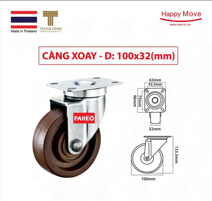 Bánh xe nhựa chịu nhiệt dành cho thiết bị Nung/ nướng/ hấp/ sấy - càng xoay - Thương hiệu Happy Move Thái Lan (màu nâu)