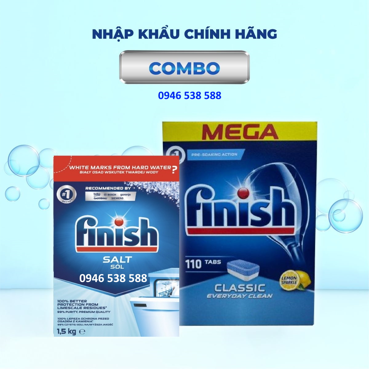 Viên rửa bát Finish 120 viên + Muối Finish 1.5kg dùng cho Máy Rửa Bát Chén