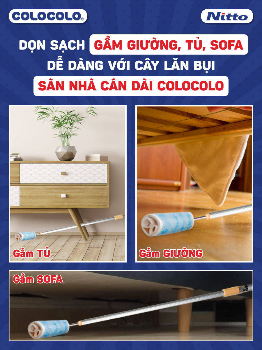 Cây Lăn Bụi Sàn Nhà Đa Năng Cán Dài COLOCOLO - Nhiều Màu