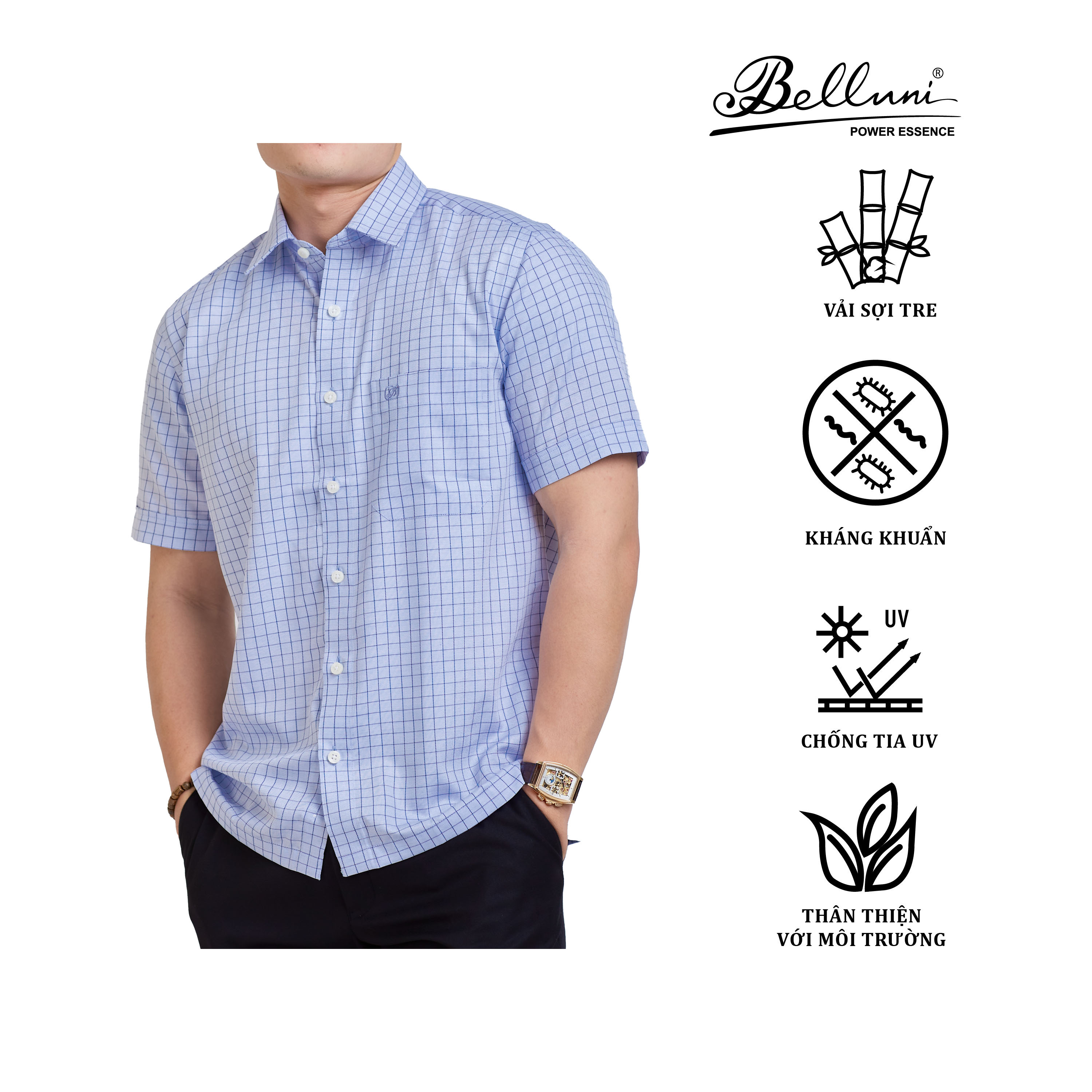Áo sơ mi nam ngắn tay cao cấp BELLUNI vải sợi tre thoải mái thanh lịch - ABN.BP.BE.221.B7