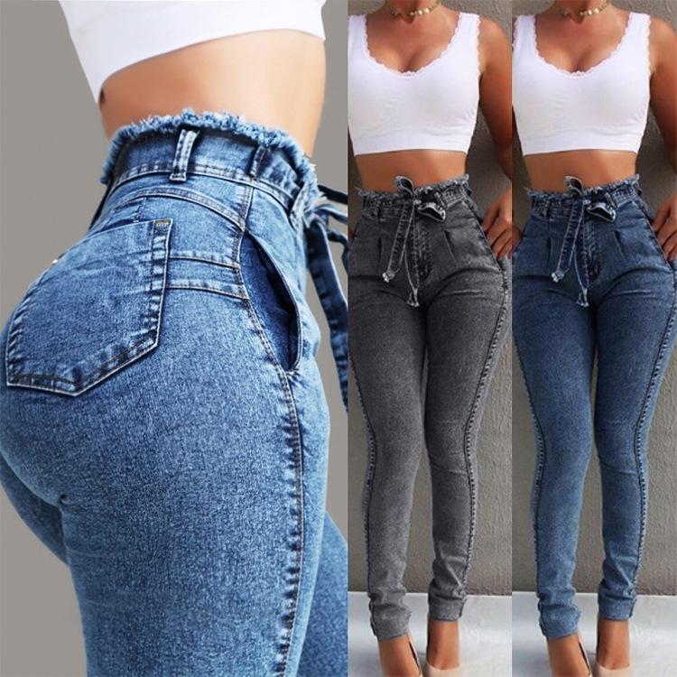 Quần Jean Lưng Cao Cho Nữ Slim Căng Denim Jean Ôm Body Tua Rua Dây Băng Skinny Đẩy Lên Quần Lửng Jeans Nữ