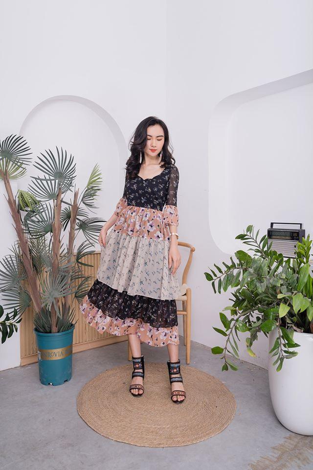Mix dress - Váy thiết kế phối vải 4 tầng