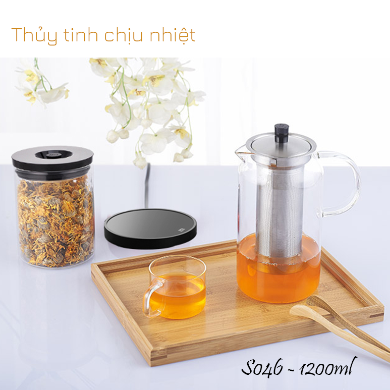 Ấm trà thủy tinh chịu nhiệt có lọc trà bằng Inox S046 1200ml - Bình lọc trà thủy tinh chịu nóng lạnh Nata Samahome Shop