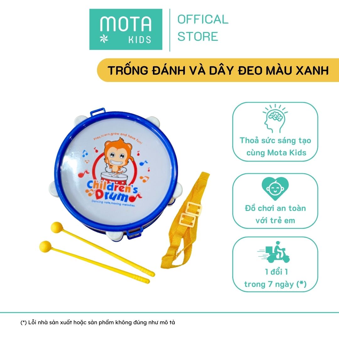 [M368-6XANH - Mota Montessori] Đồ chơi cho bé Trống đánh và dây đeo màu xanh - Hàng chính hãng