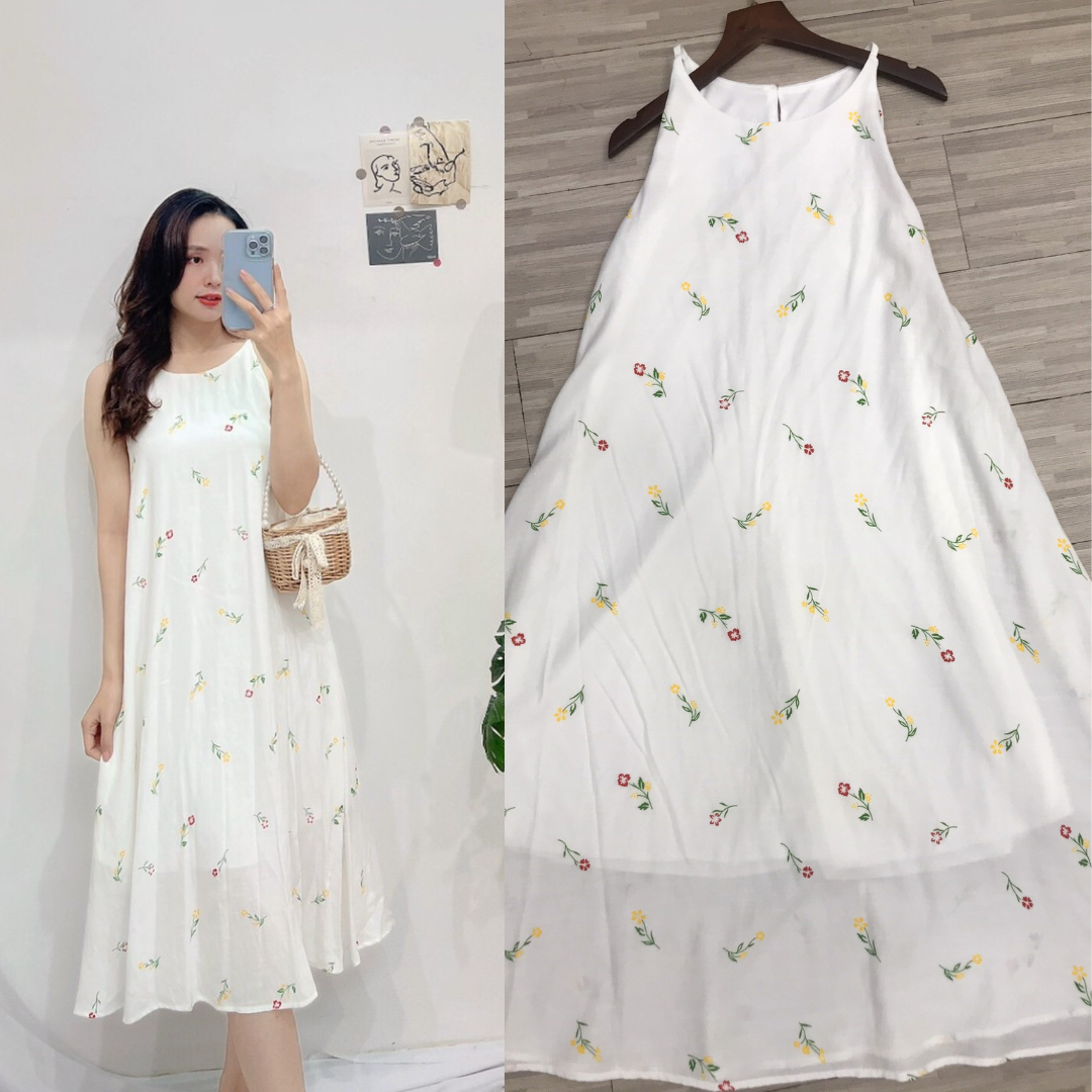 Đầm yếm dáng suông dài qua gối, Đầm maxi form rộng Cao Cấp trắng in hoa nhí, sát nách cổ tròn MiNhi