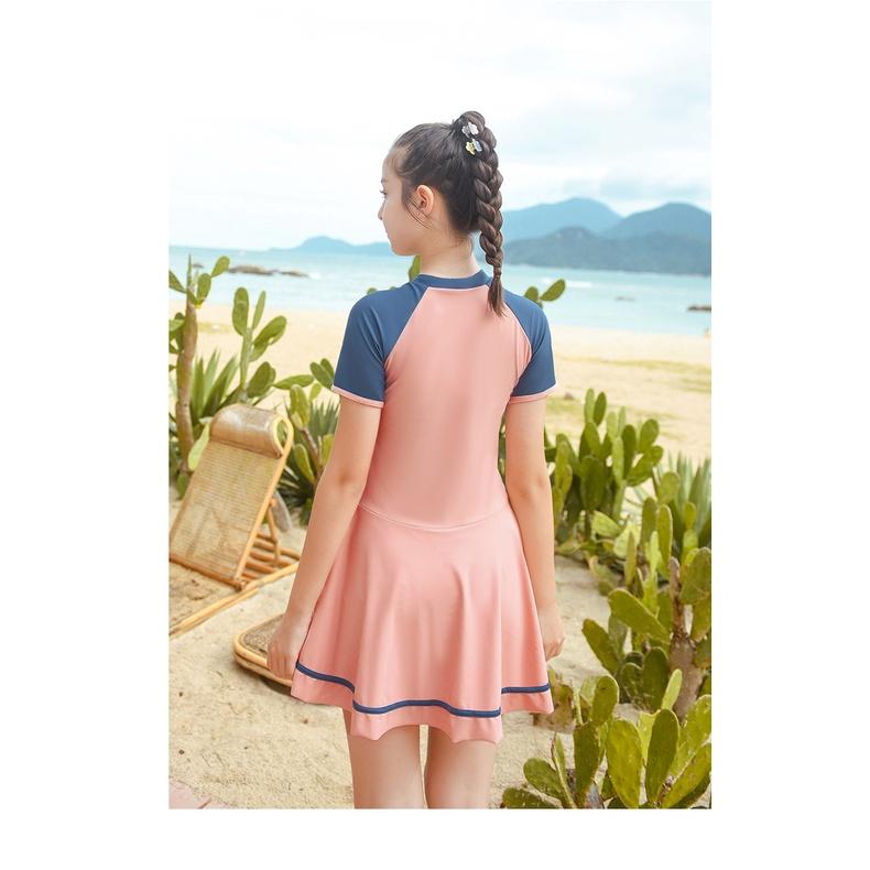 Đồ bơi cho bé gái 5-18 tuổi liền thân kiểu chân váy hồng phối xanh, Bộ bơi trẻ em cao cấp vải co giãn cực tốt