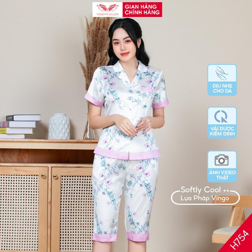 Đồ bộ nữ mặc nhà pijama quần lửng lụa Pháp mềm mát mùa Hè VINGO thiết kế hoa tím nền trắng nhã nhặn H754 VNGO