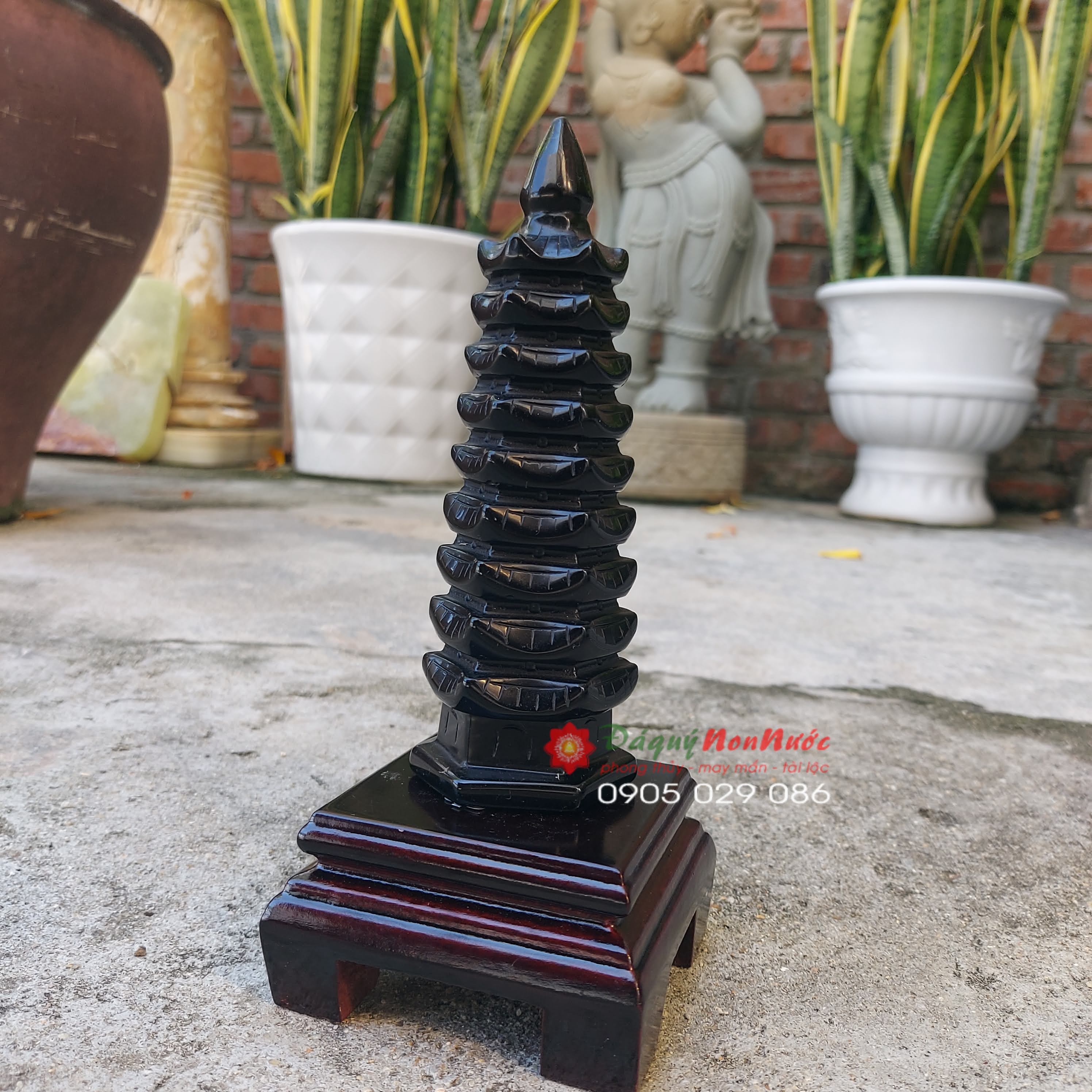 Tháp văn xương 9 tầng phong thuỷ đá Obdsidian cao 13cm - đá Non Nước