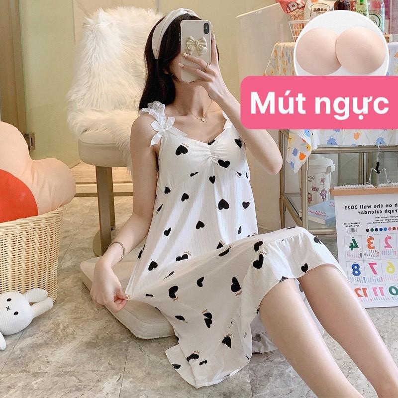 Váy Ngủ Nữ 2 dây quai ren đính nơ dáng suông họa tiết xinh xắn_ Đầm ngủ 2 dây chất thun sữa có mút ngực V292