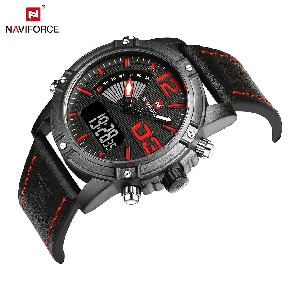 Đồng hồ đeo tay bằng da NAVIFORCE Màn hình kép mới , có đèn nền Chống nước