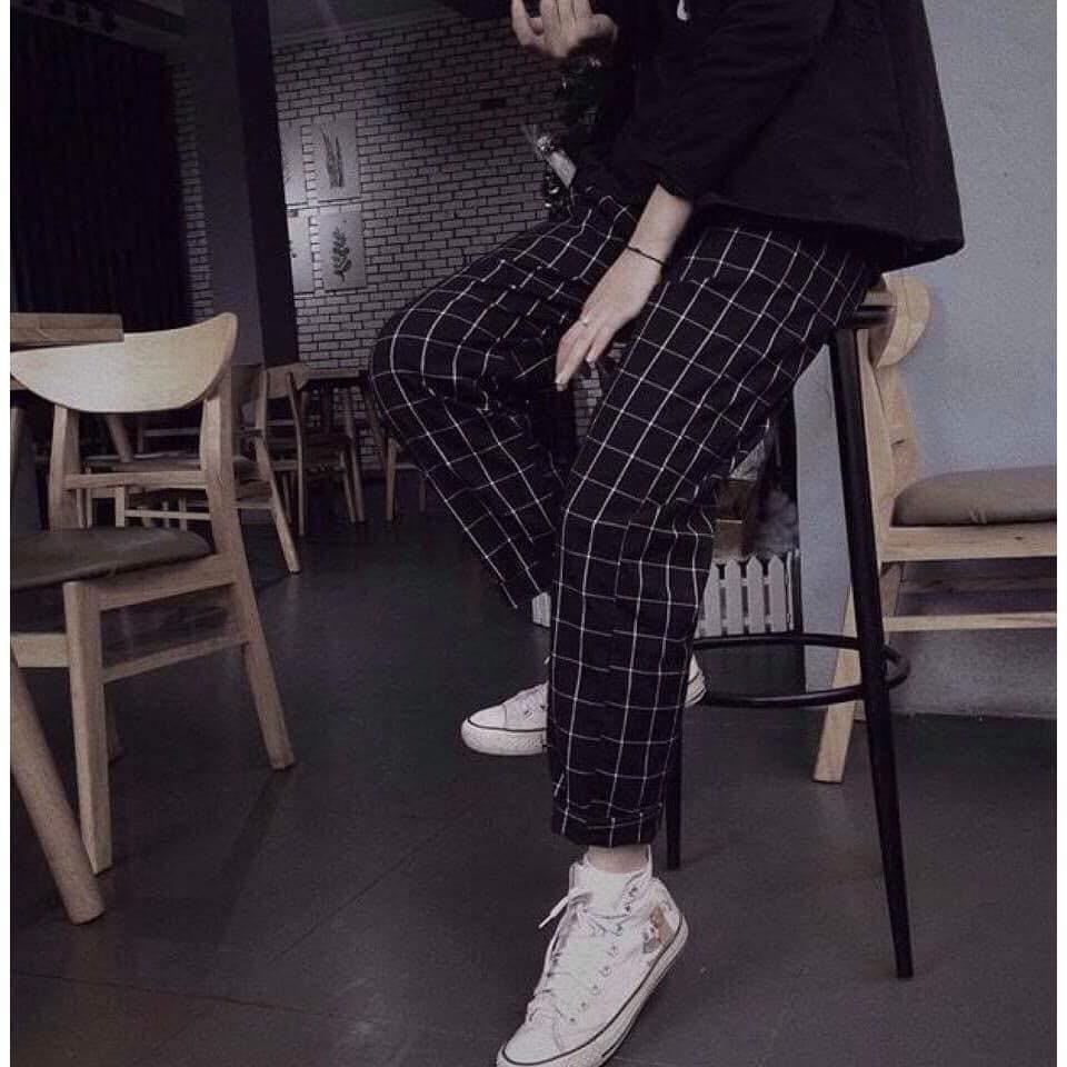 Quần thun Caro Nam Nữ Unisex màu ĐEN ống suông VIỀN TRẮNG