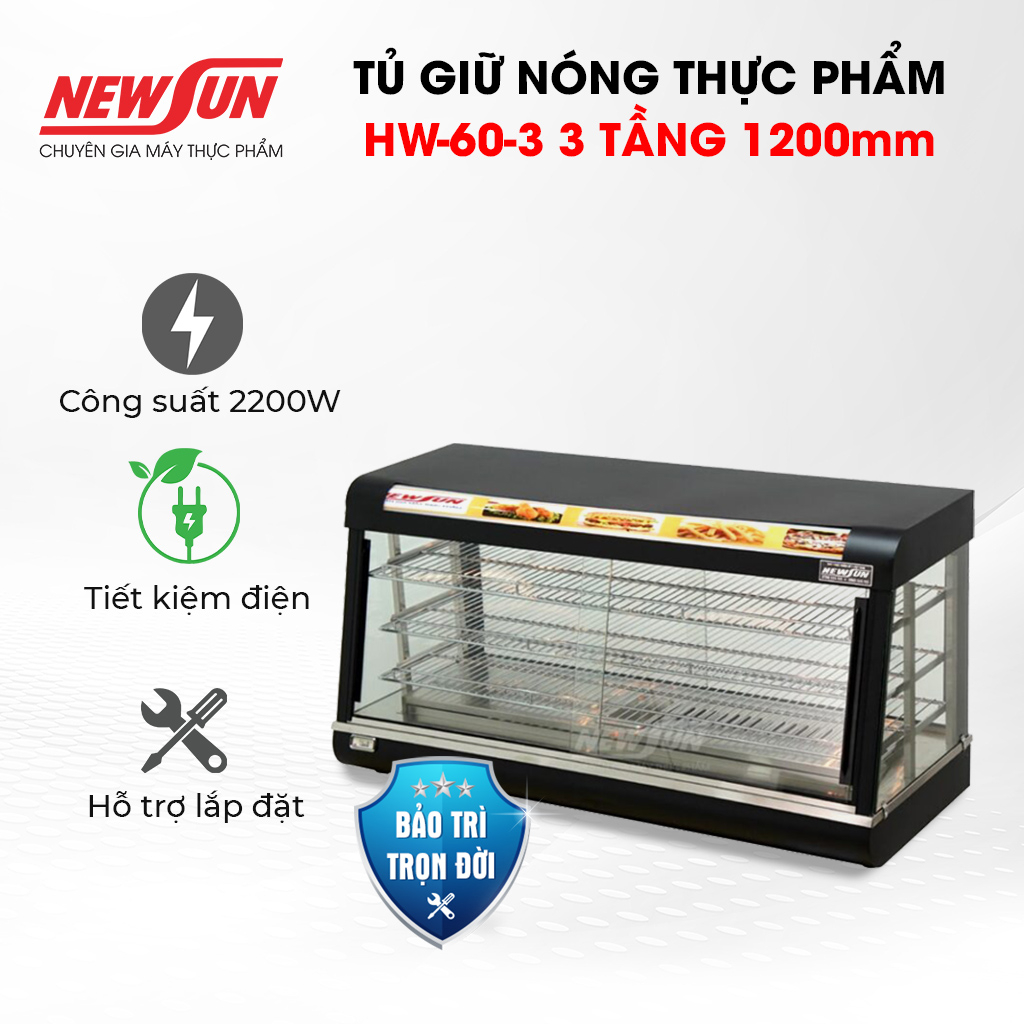 Tủ giữ nóng thức ăn kính phẳng HW-60-3 thiết kế 3 tầng 1200mm bền đẹp NEWSUN - Hàng chính hãng