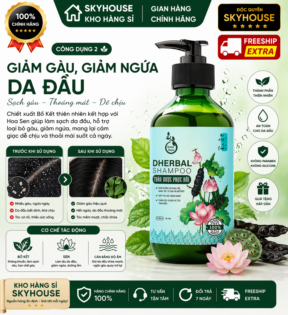 Dầu gội thảo dược thiên nhiên tinh chất sen bồ kết độc quyền DHERBAL chai 300ml dầu gội phục hồi tóc hư tổn chính hãng