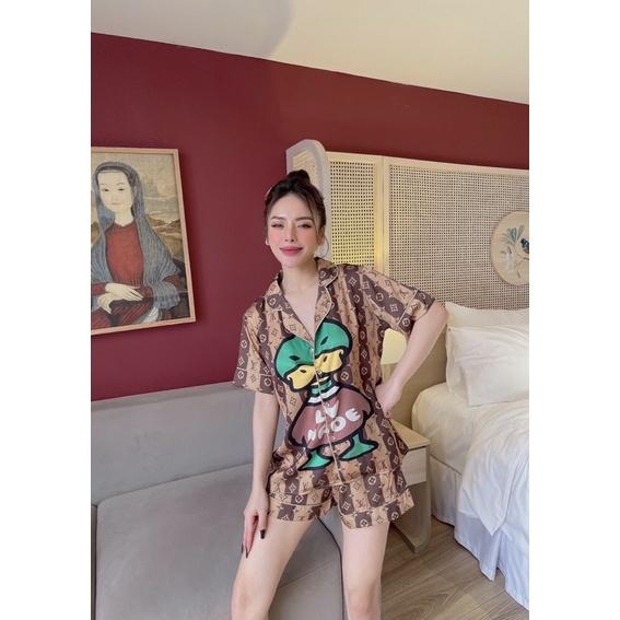 Bộ đồ ngủ Pijama, đồ bộ lụa quần đùi cộc tay hoạ tiết satin siêu hùi