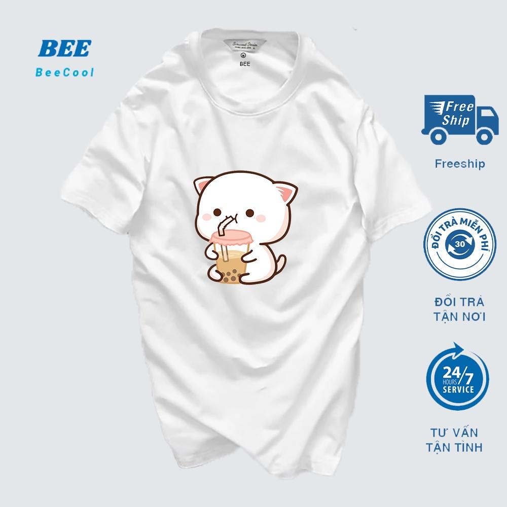 Áo thun unisex phối hình mèo trà sữa hot 2022, thun cotton dày mịn thoáng mát - BeeCool G24