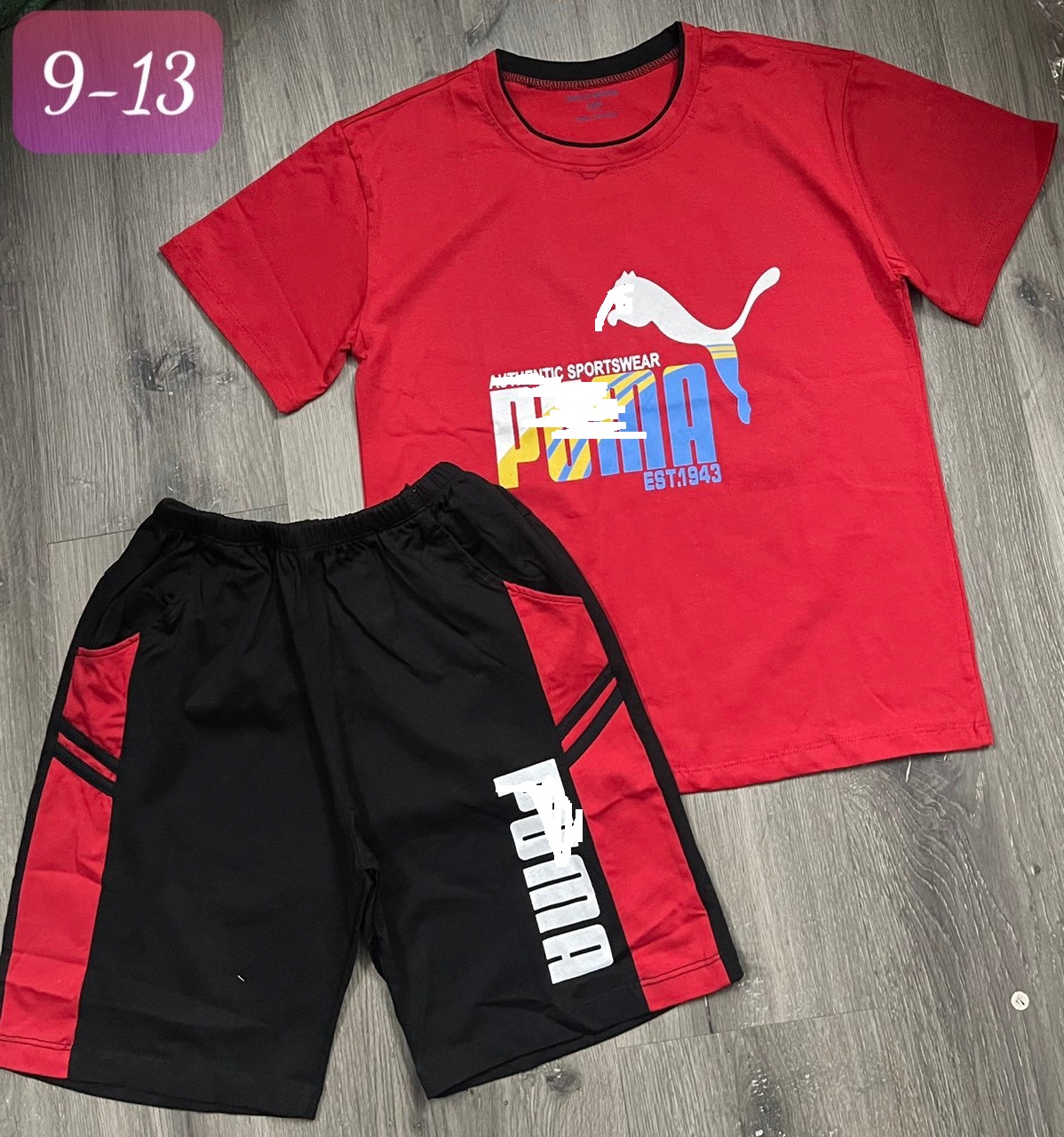 Bộ bé trai cộc tay 6-11 tuổi in chữ PUM và logo, Đồ bộ hè cho bé vải cotton cao cấp thấm hút mồ hôi