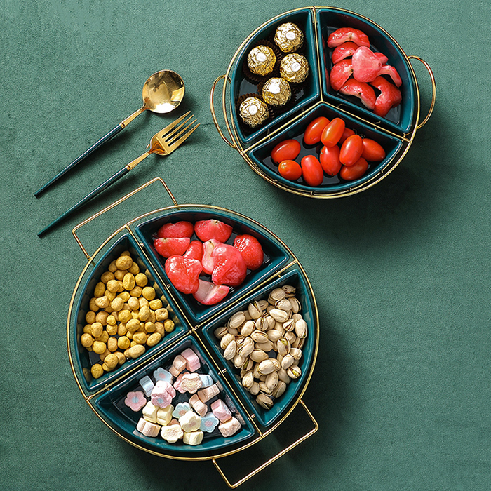 Khay mứt, hạt quả khô sứ tròn khung kim loại