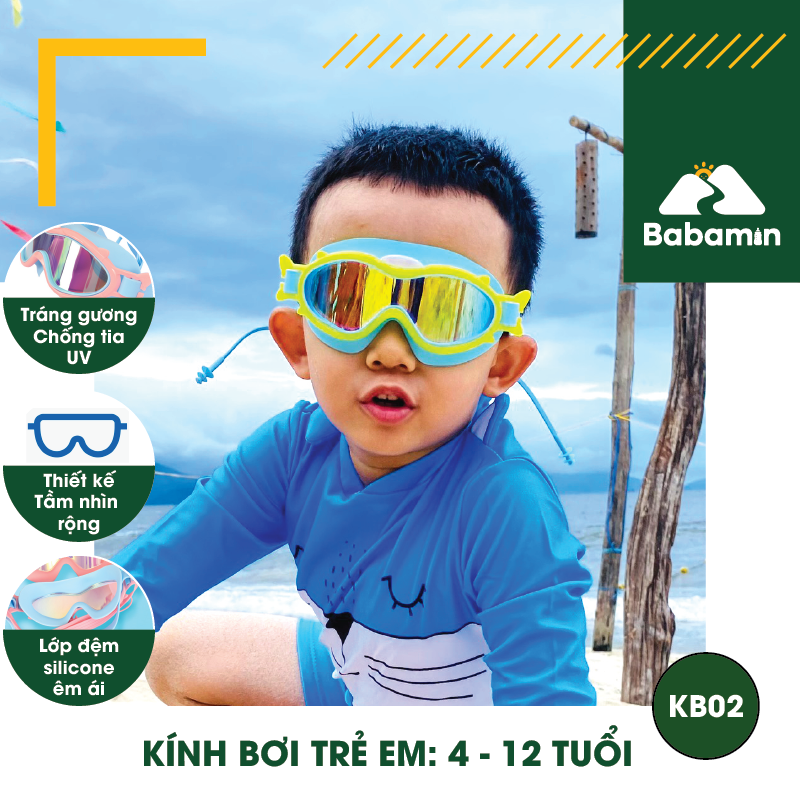 Kính Bơi Trẻ Em 4 đến 12 Tuổi Tráng Gương - Chống Chói, Có Bịt Tai, Tầm Nhìn Rộng – Babamin - KB02