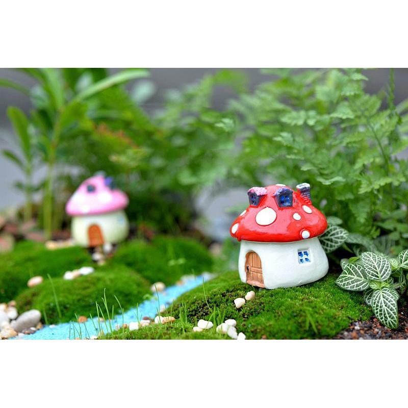 Tiểu cảnh ️ Mô hình ngôi nhà nấm nhiều màu sắc có ống khói trang trí sen đá, sân vườn, bể cá, bể terrarium