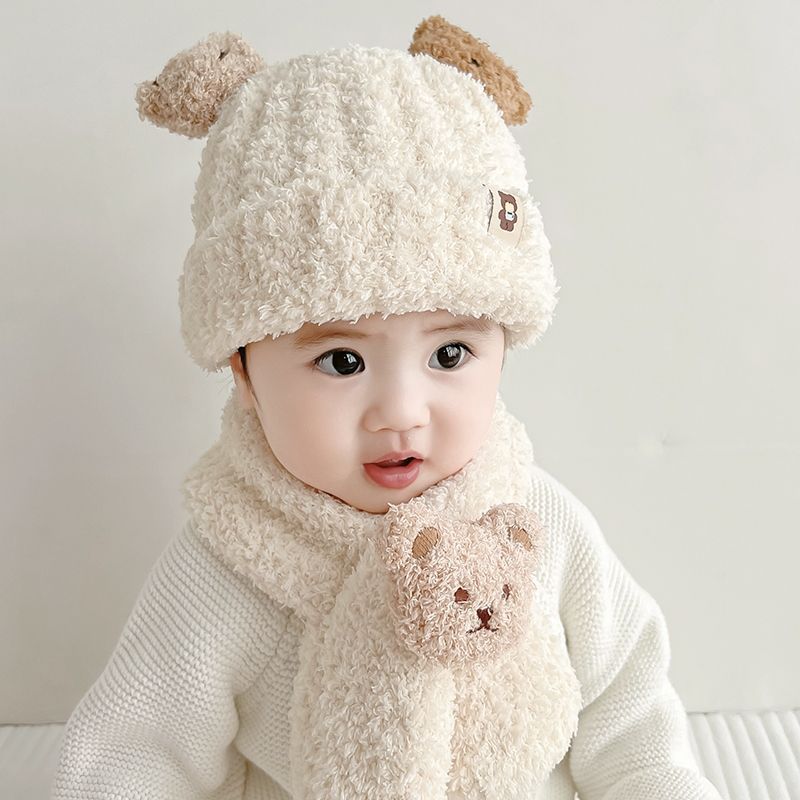 Sét 1 Mũ Len Gấu 3D kèm khăn cổ T65 Lông Cừu Thời Trang Mùa Thu Đông Dành Cho Bé Trai, Bé Gái Cute, Đáng Yêu