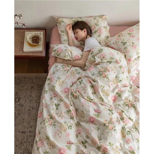 Bộ Chăn Ga Cotton Living 100%cotton Hàng Nhập Khẩu Cao Cấp 4 Món Hoa Hồng Vintage Nhẹ Nhàng