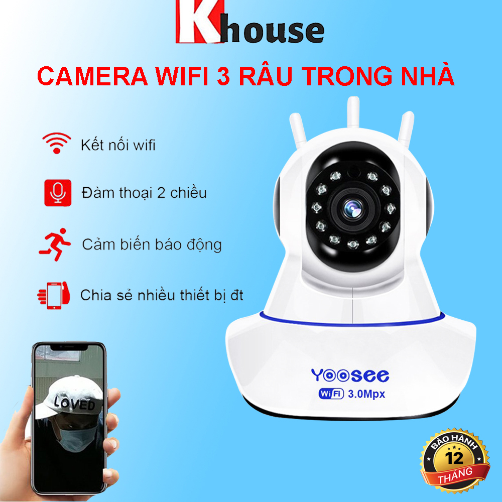 Camera Wifi Trong Nhà Yoosee 3Mpx Full HD, 3 Râu 11 Đèn Hồng Ngoại, Xoay 360 độ , Đàm Thoại 2 Chiều, Cảm Biến Báo Động – Hàng nhập khẩu