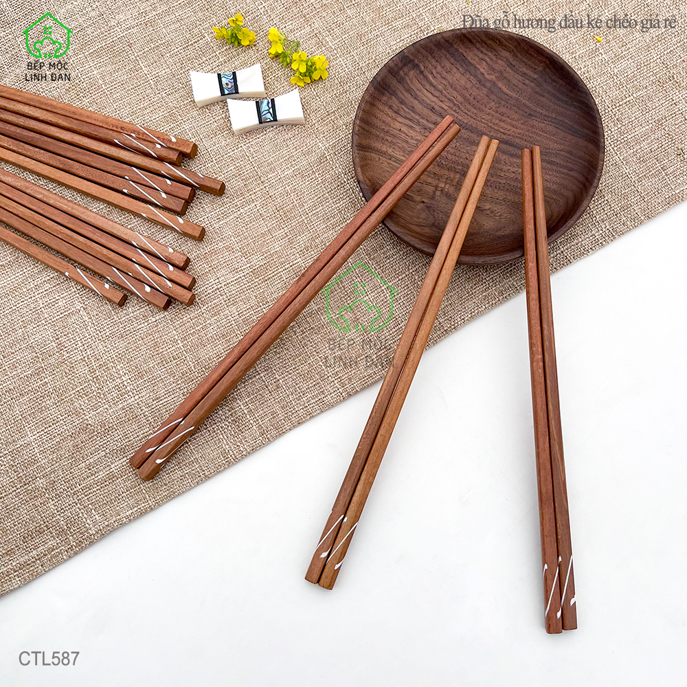 Đũa ăn cơm gỗ tự nhiên khảm chéo HAHANCO [CTL587] Bộ 10 đôi không hóa chất nhuộm tẩy