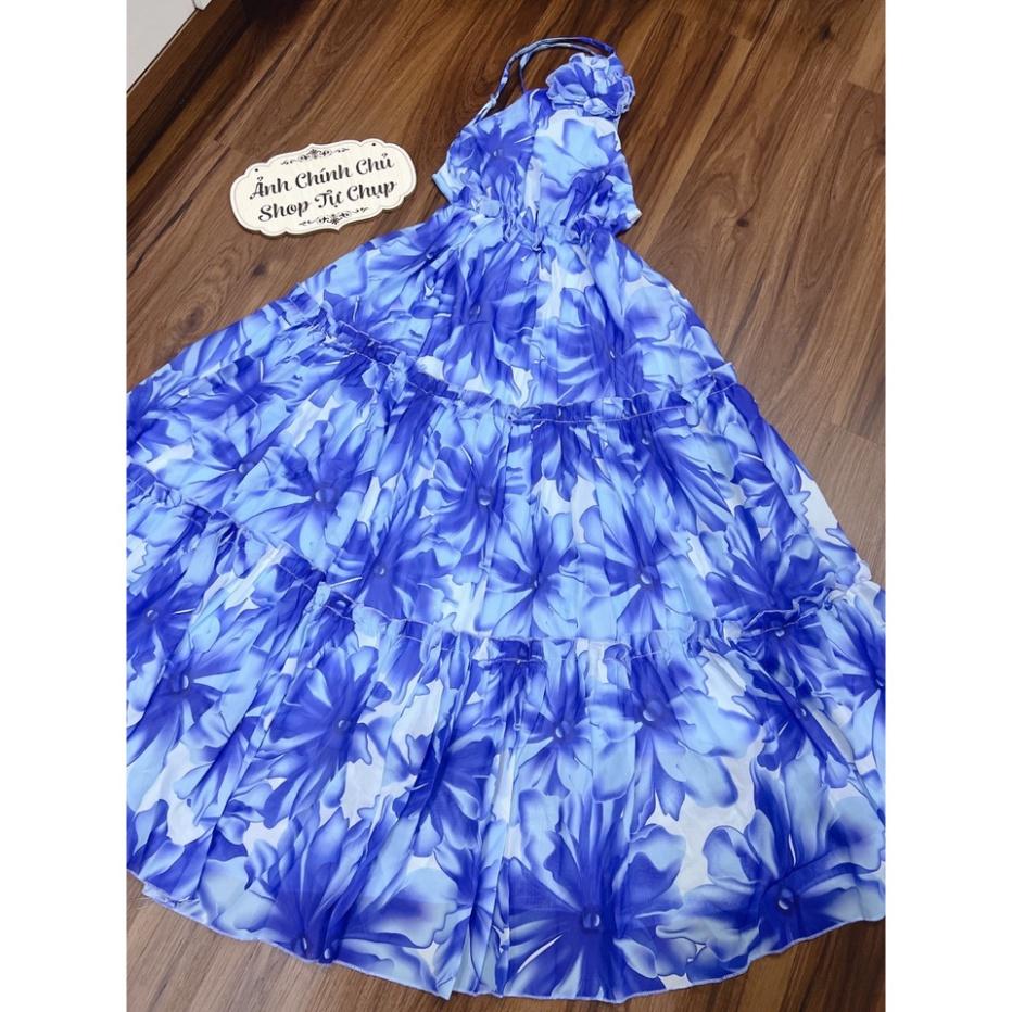 Đầm váy maxi voan lót lụa mút ngực hoa xanh lệch xoè dài dập ly đi biển dự tiệc dạo phố bigsize gợi cảm sexy