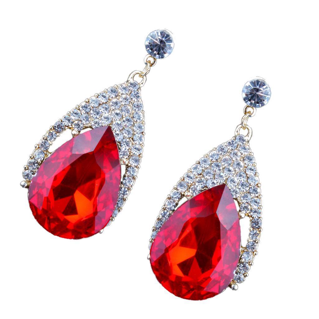 Vintage Glitter Rhinestone Diamante Teardrop Drop Dangle Earrings Red